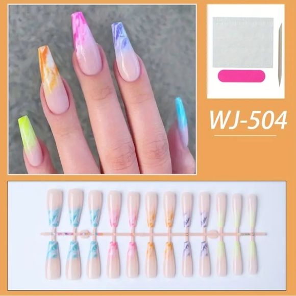 24pcs Glossy Rainbow French Tip Press On Nails - Long Ballerina Fake Nails - Picture 3 of 6
